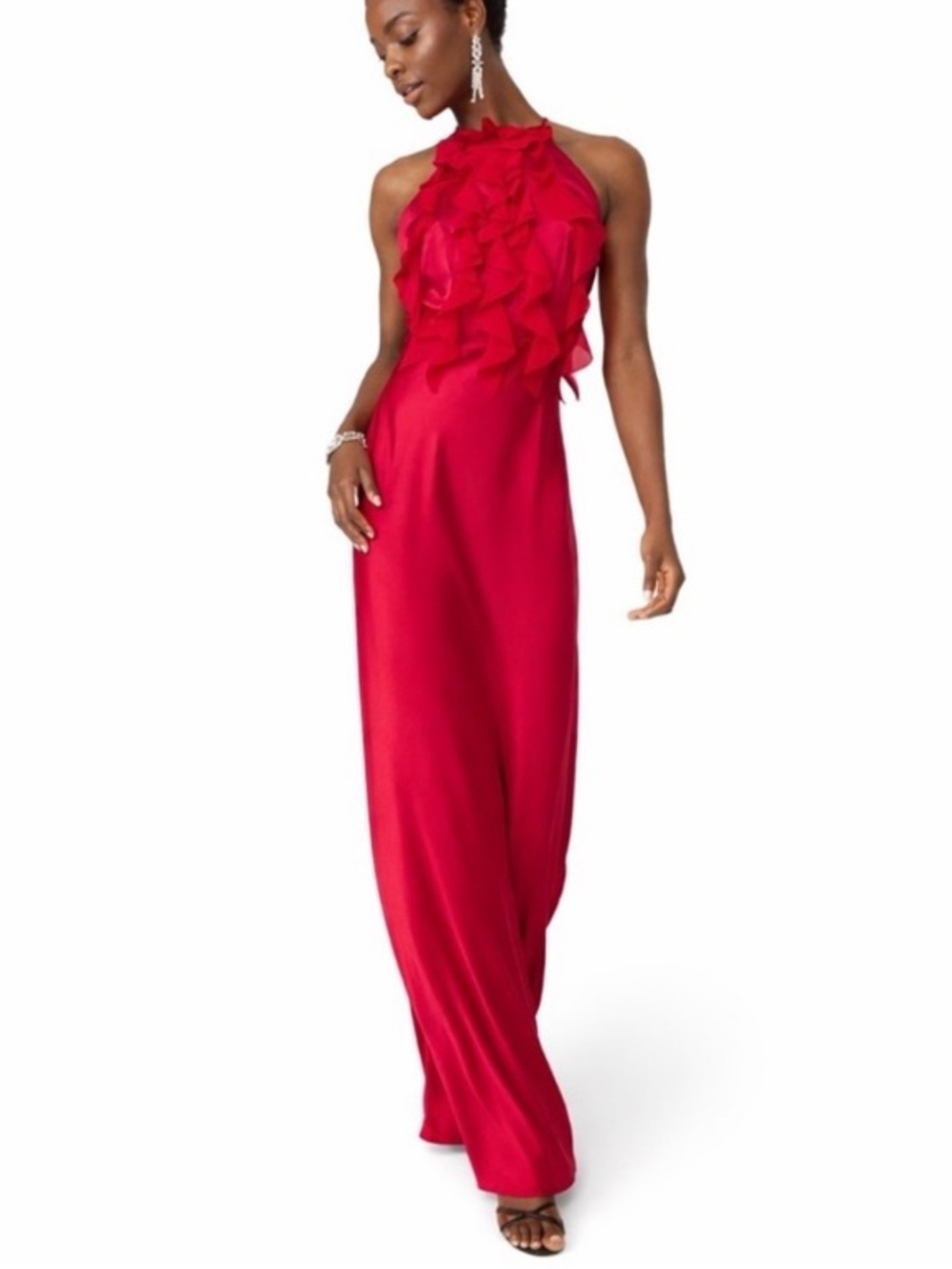 White House Black Market formal red Ruffled Satin Maxi Dress gown Sz 14 new